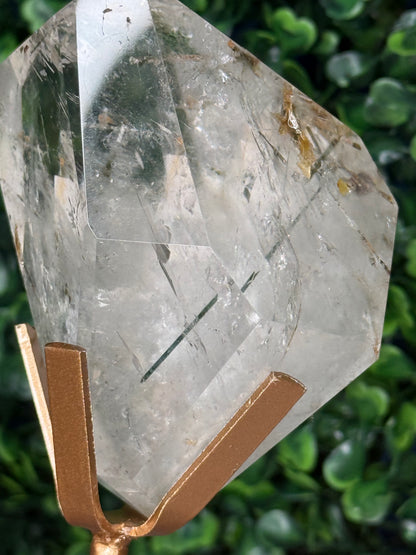 Green Actinolite Rutile in Quartz with Custom Gold Stand - Brazil