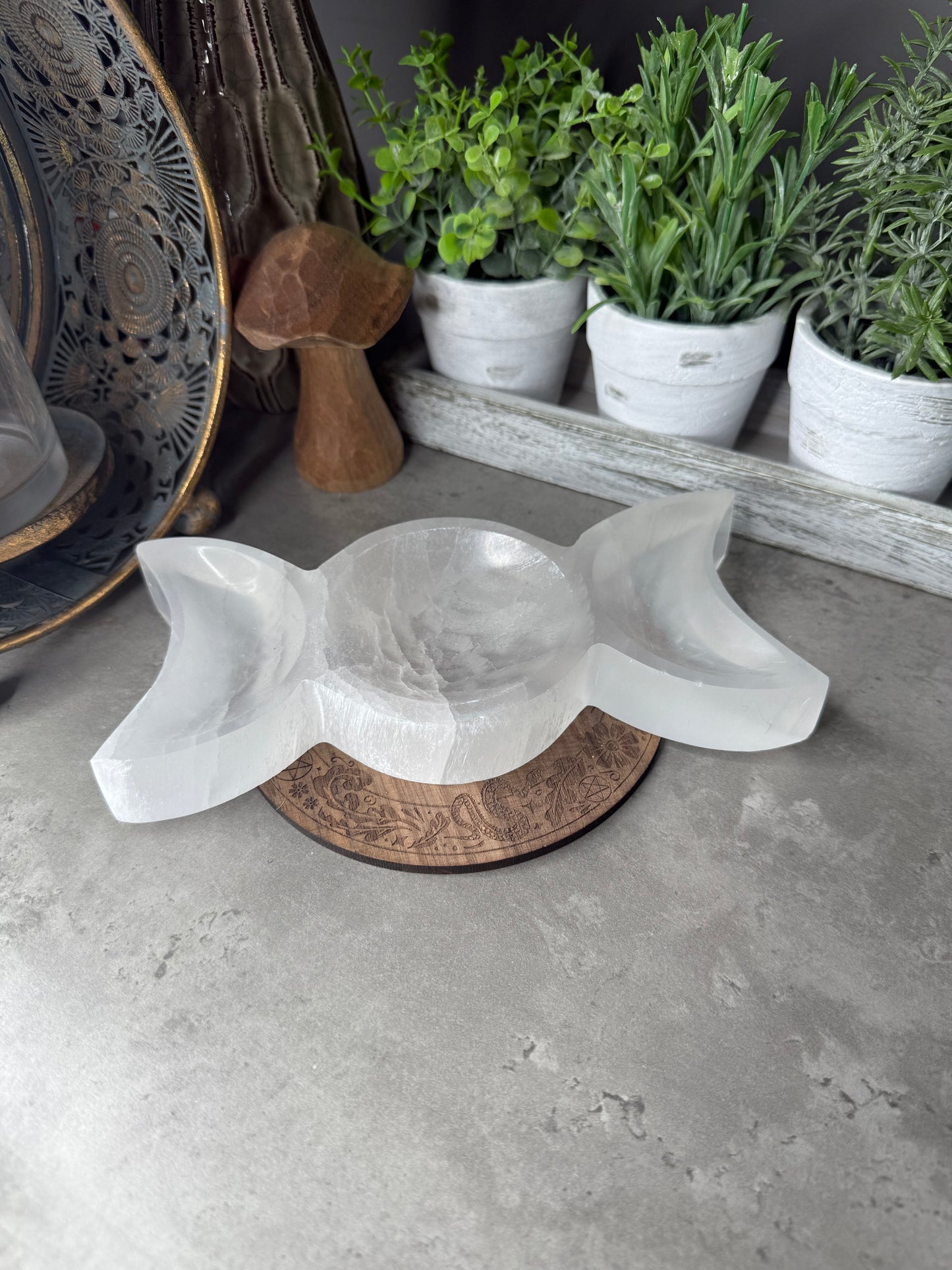 Triple Moon Selenite/Satin Spar Large Crystal Tray Witchcraft Alter