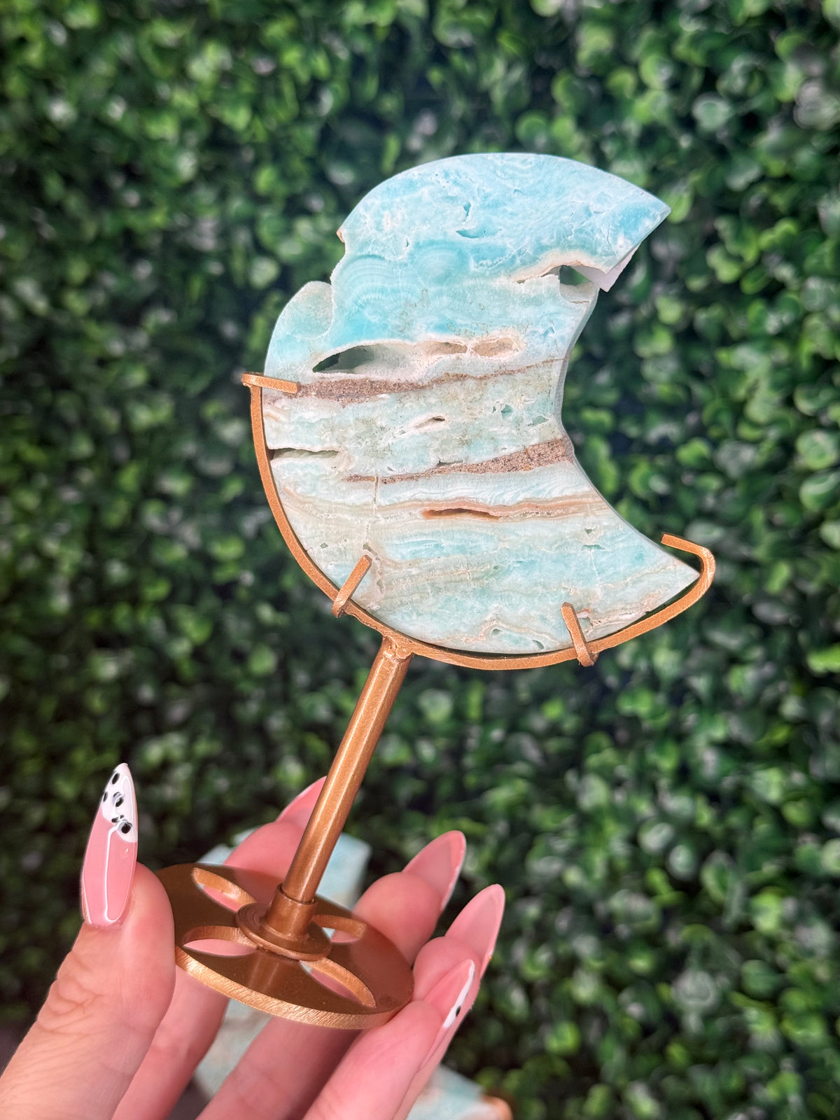 Blue Aragonite Crystal Moon Carvings with Custom Stands