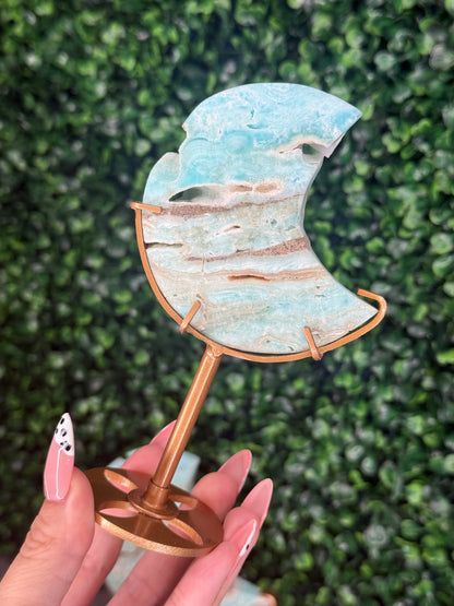 Blue Aragonite Crystal Moon Carvings with Custom Stands