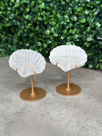 Satin Spar Selenite Shell Carving on Gold Stand
