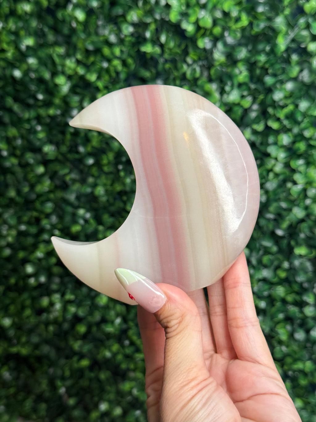 Pink Banded Onyx Standing Moon Crystal Carving - Pakistan - A