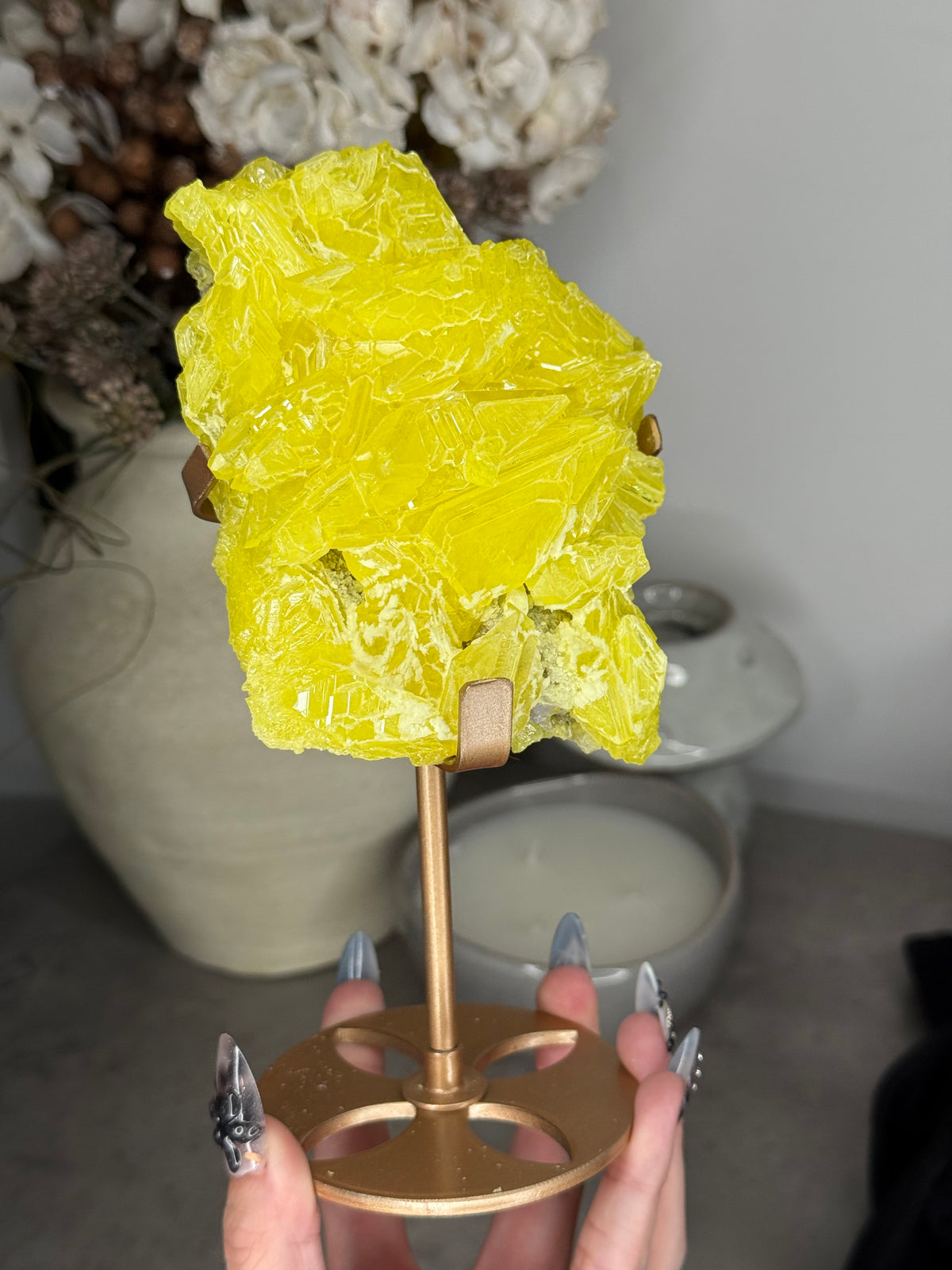 Sulphur Specimen with Custom Gold Stand - A