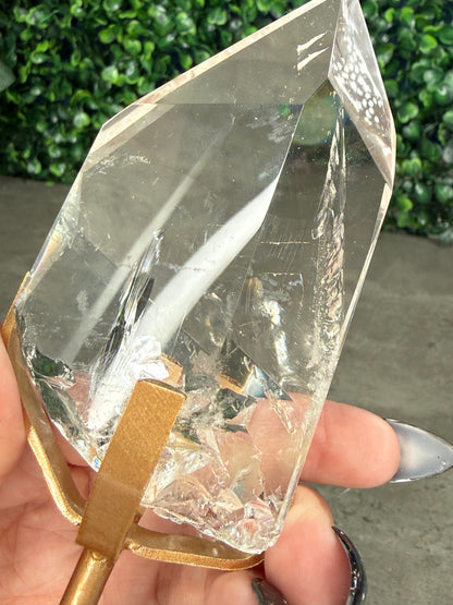 Brazilian Clear Quartz Freeform on Gold Stand — Rainbow Inclusions