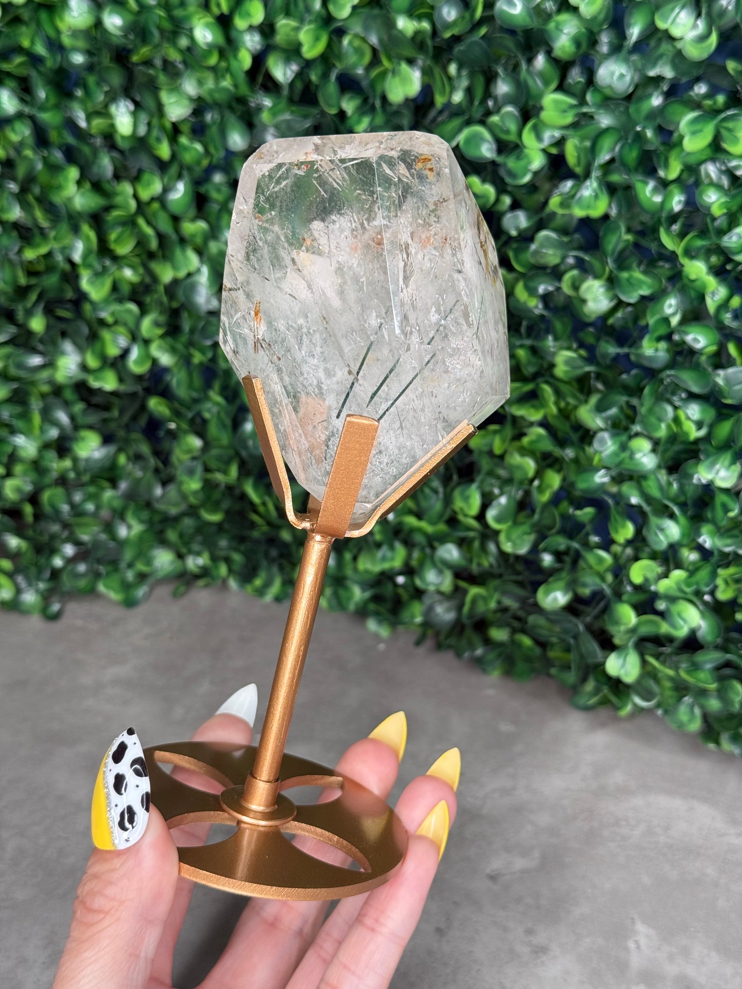 Green Actinolite Rutile in Quartz with Custom Gold Stand - Brazil