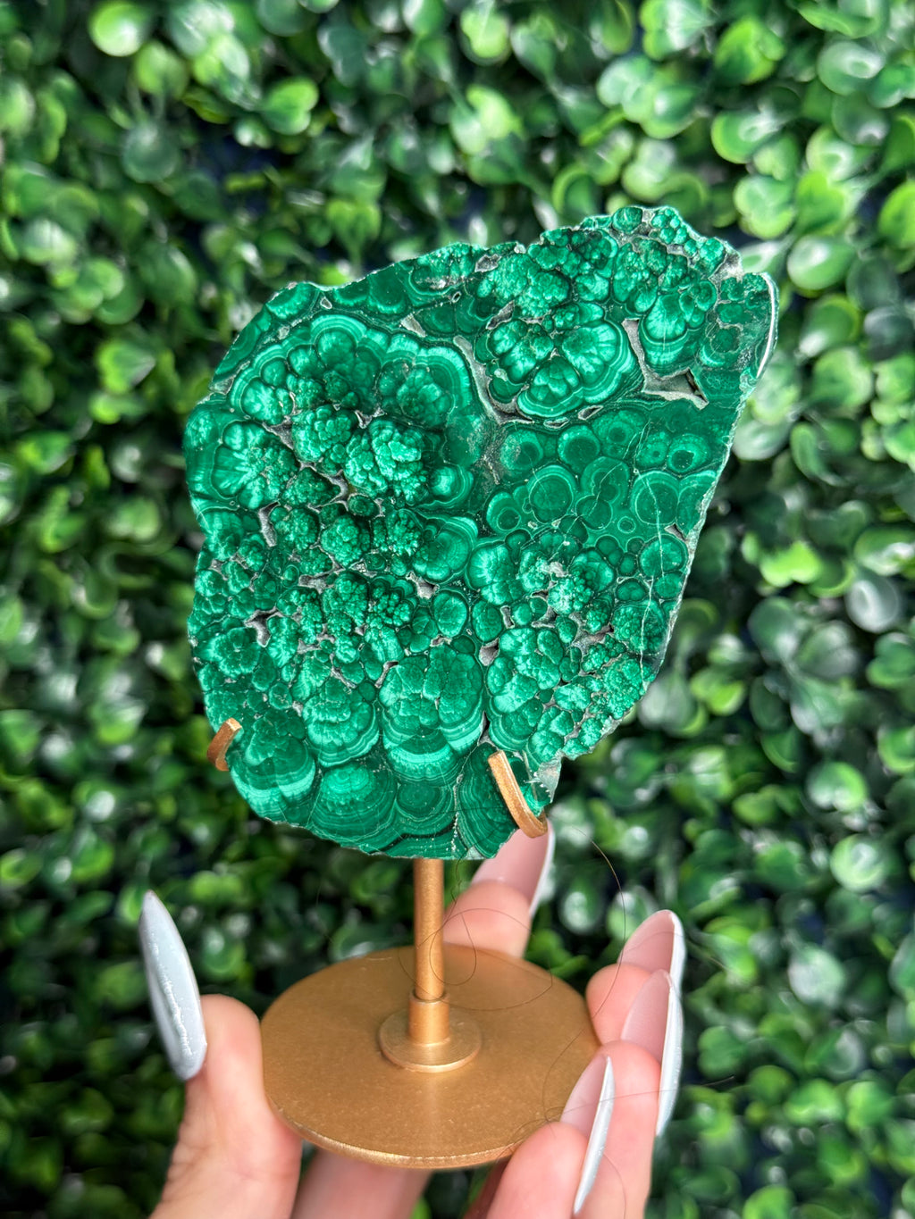 Malachite Slab Crystal Carving with Gold Stand