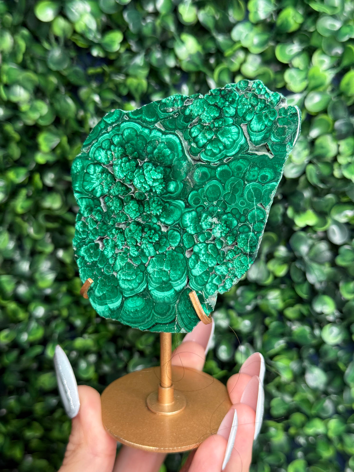 Malachite Slab Crystal Carving with Gold Stand