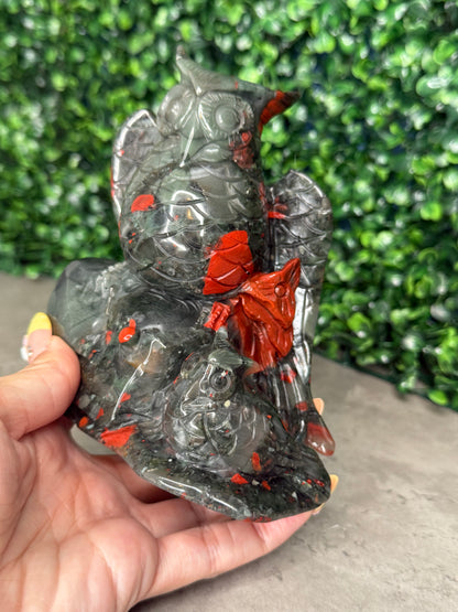 African Bloodstone Large Owl Crystal Carvings 744g