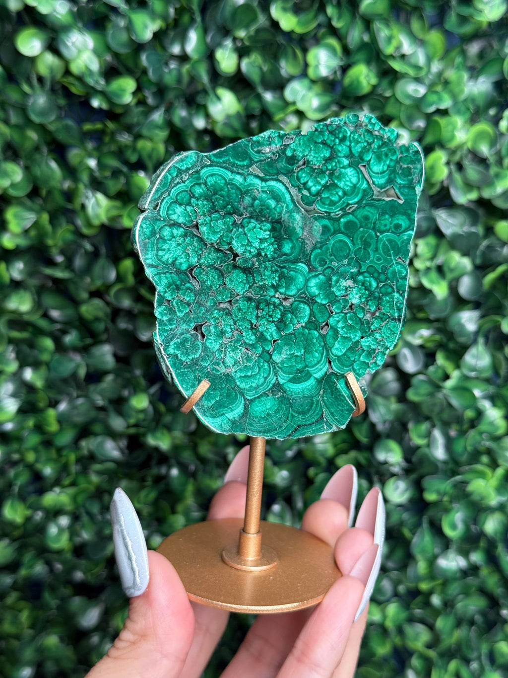 Malachite Slab Crystal Carving with Gold Stand