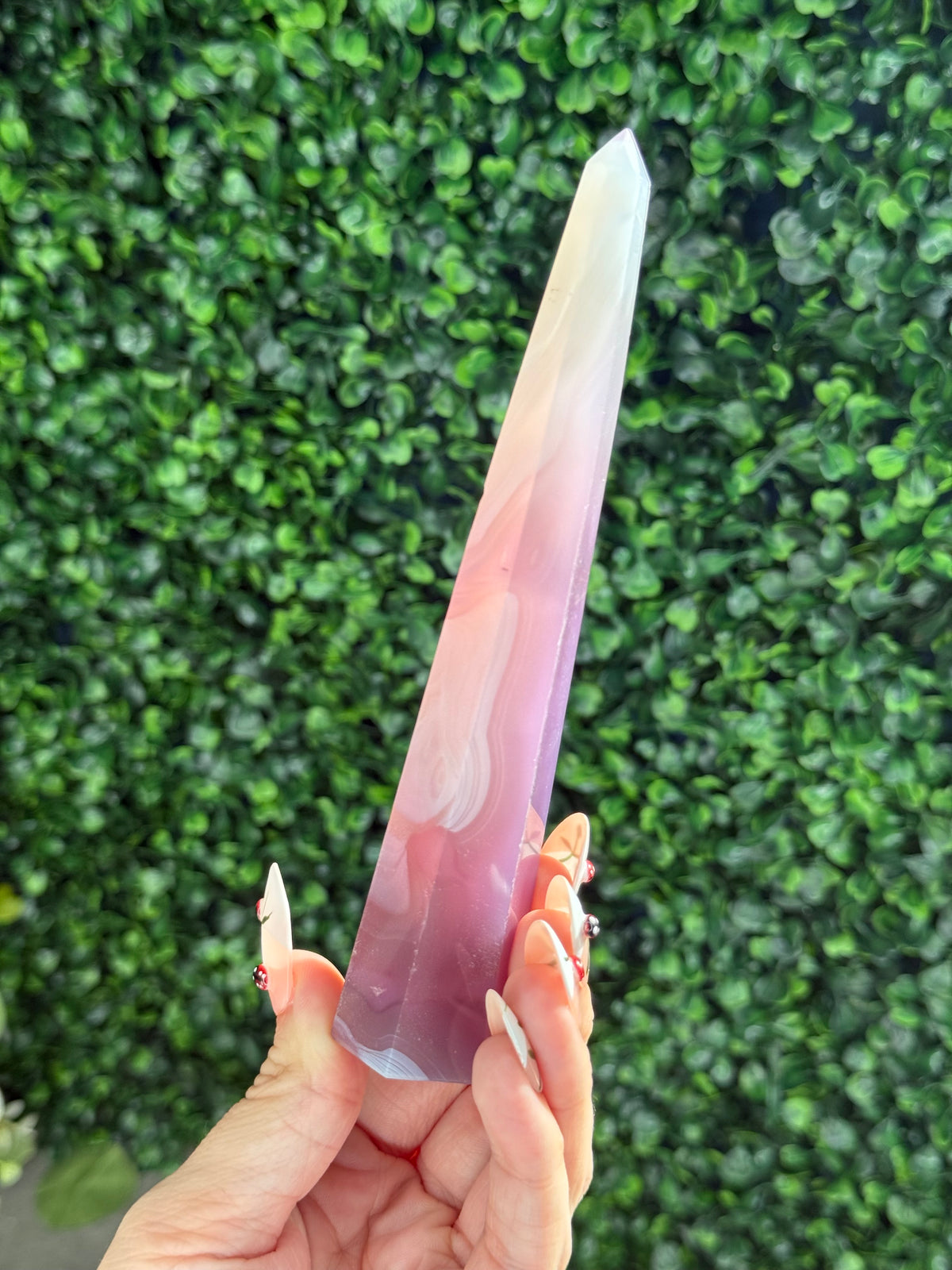 Pink Jelly Agate Obelisk Tower Crystal Carving - D 125g