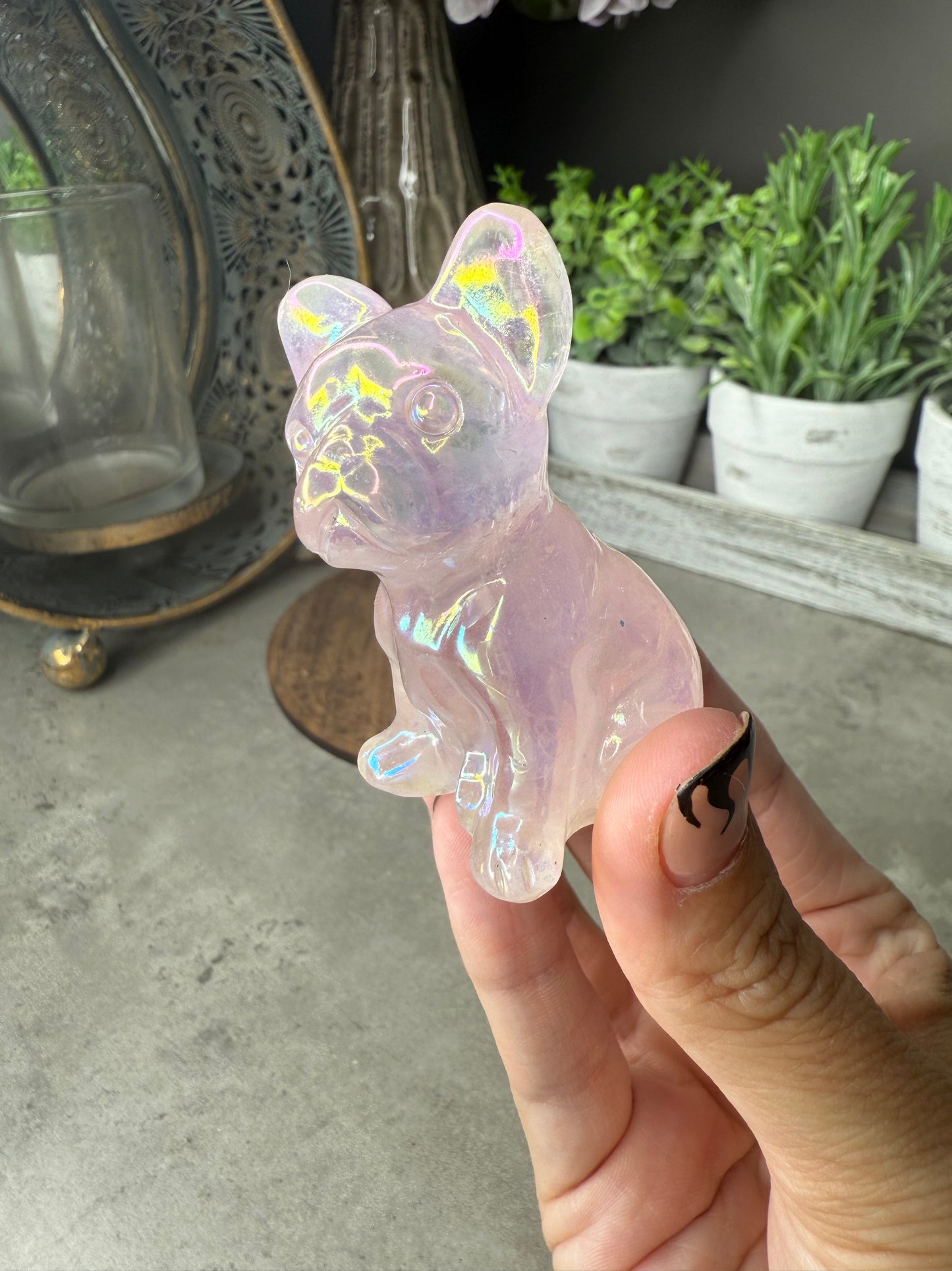 Aura Coated Rose Quartz French Bulldog Crystal Carvings