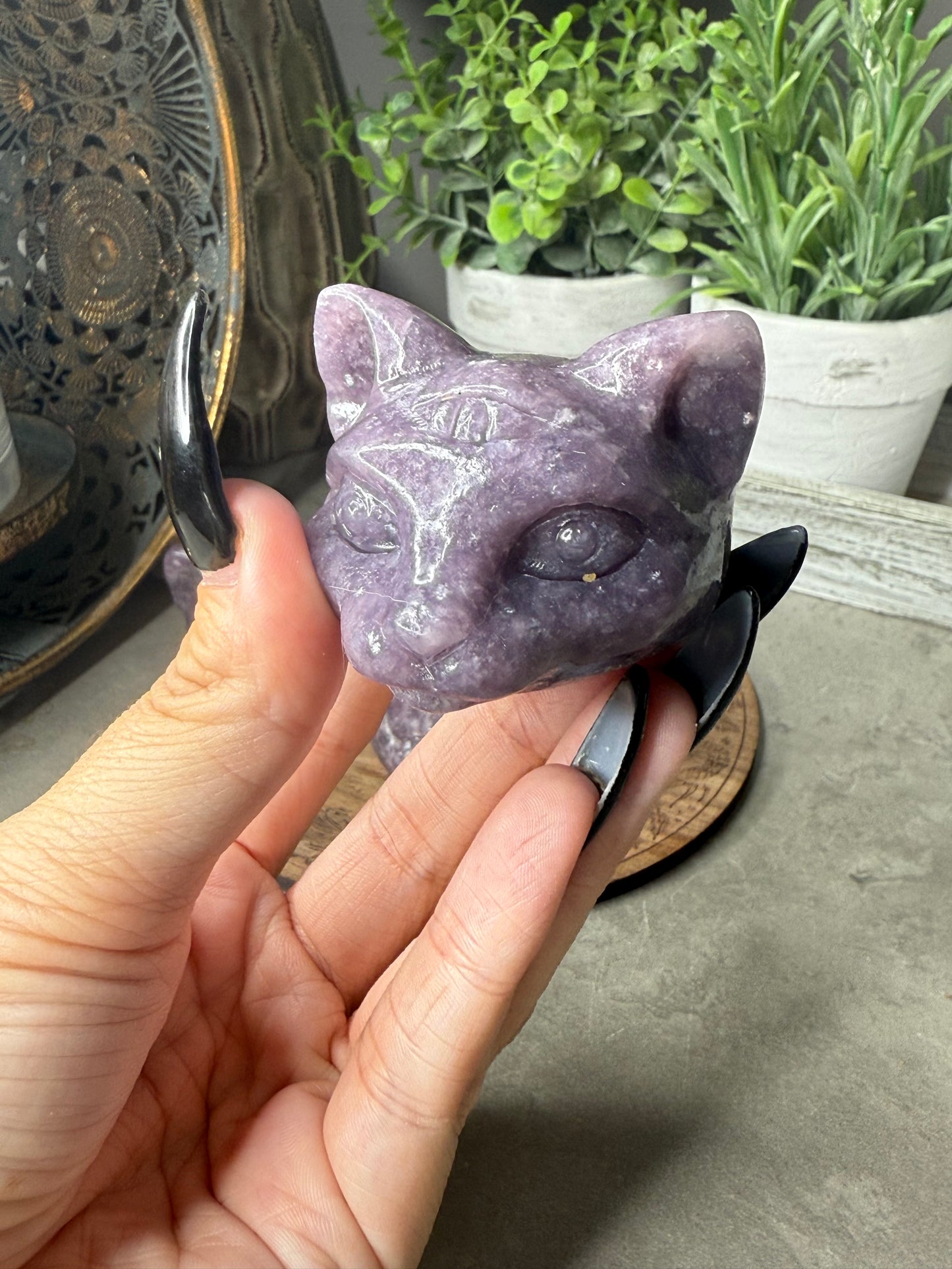 Three Eyed Lepidolite Cat Crystal Carvings