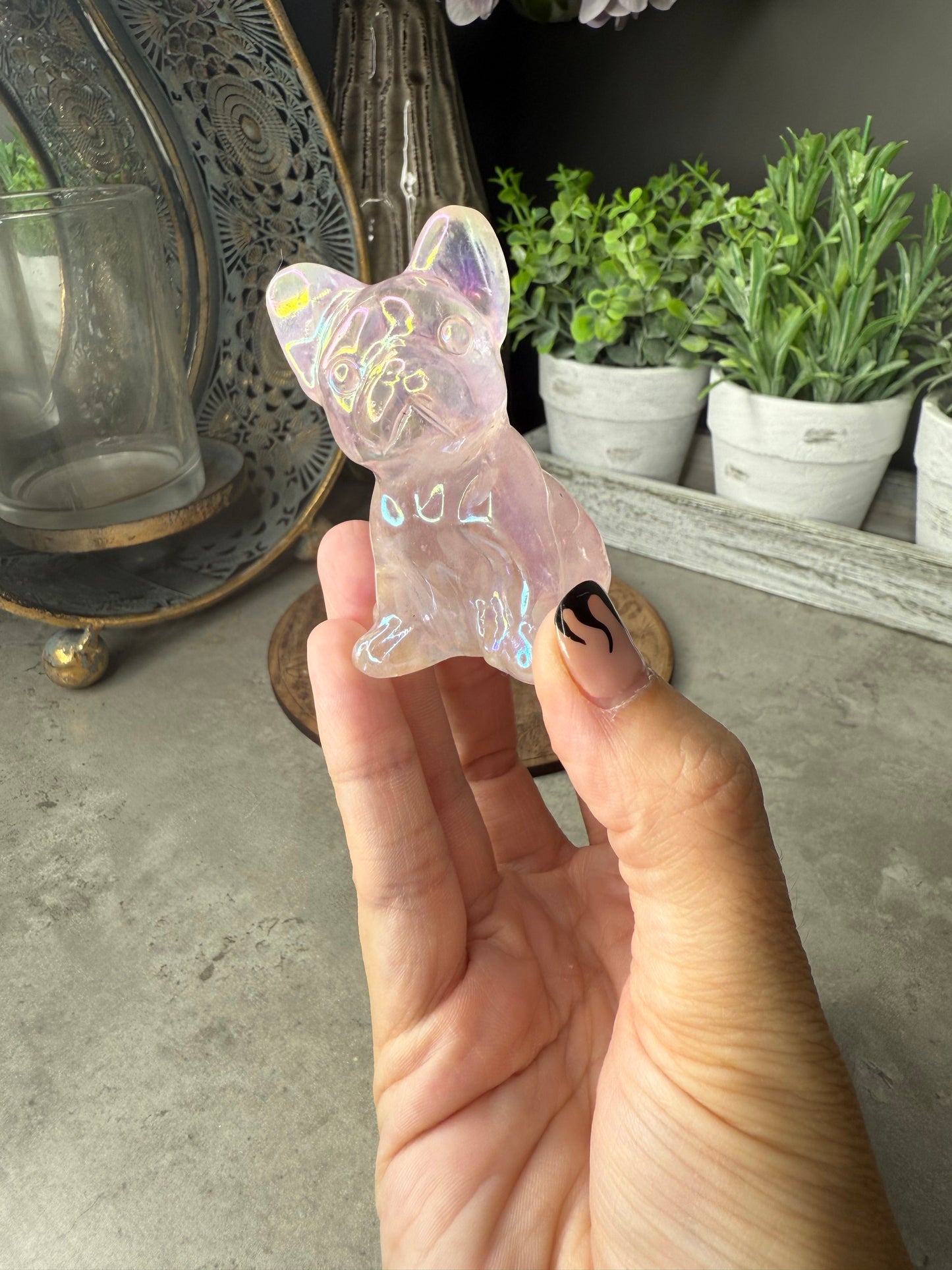 Aura Coated Rose Quartz French Bulldog Crystal Carvings