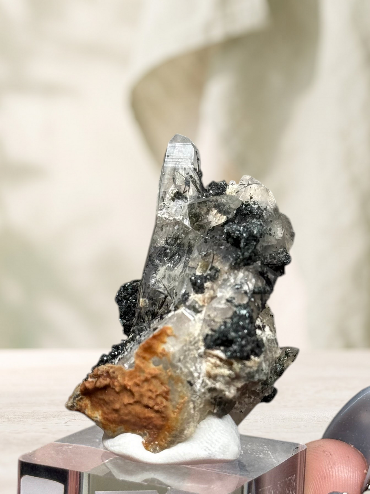 Crystal Glade laser quartz specimen from Pakistan featuring a slender tapering point and dark tourmaline inclusions.