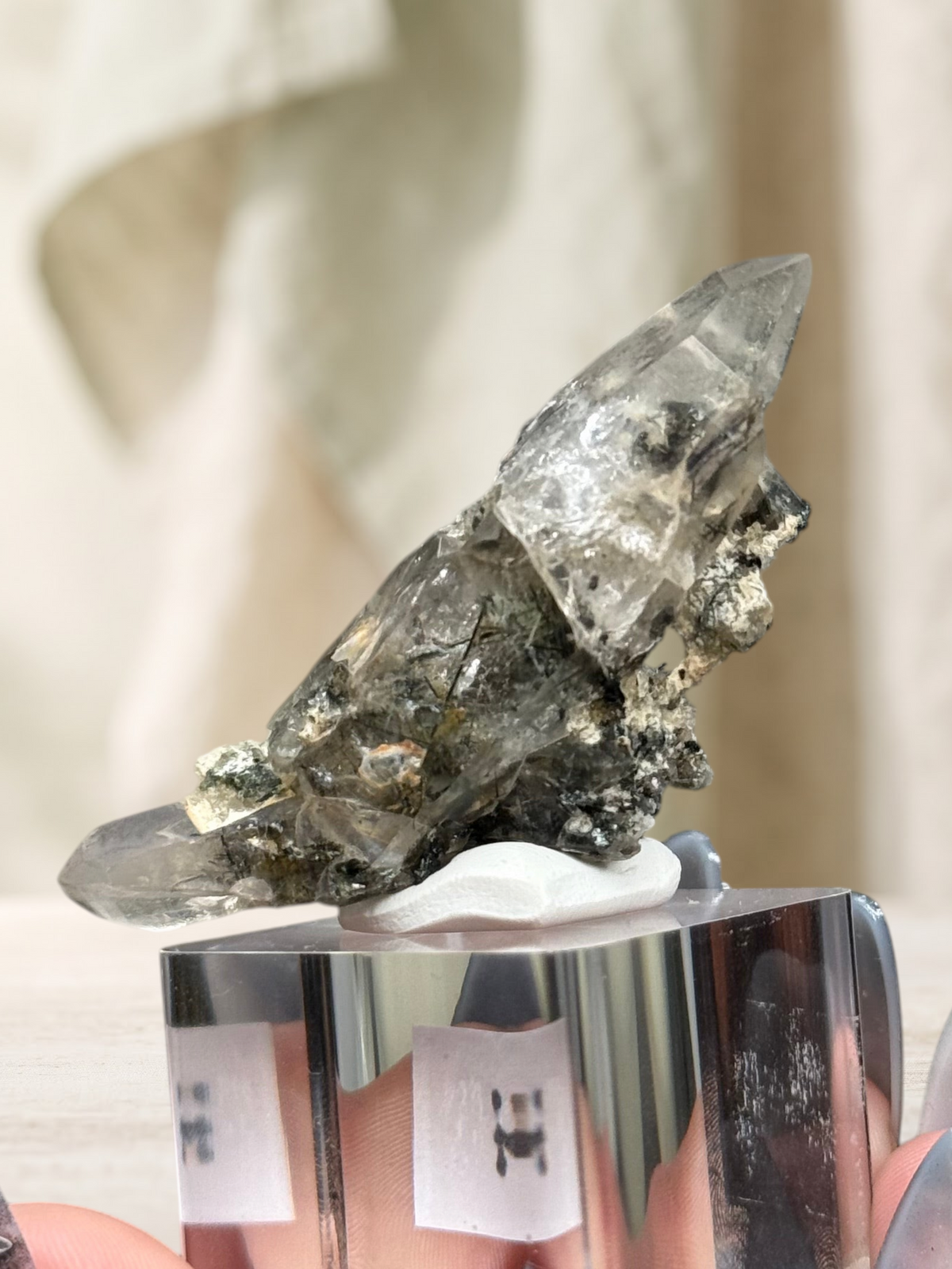 Crystal Glade laser quartz specimen from Pakistan, a long slender clear crystal with natural ridges on a display base.