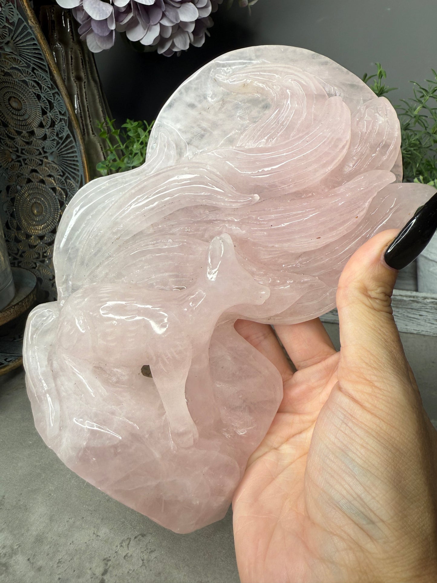 Rose Quartz Nine-Tailed Fox & Moon Carving