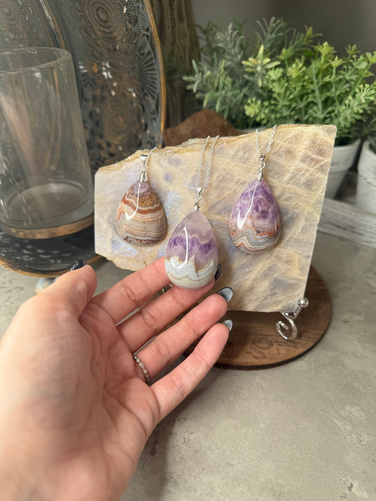 Large Amethyst Agate Silver Crystal Pendants with Chain