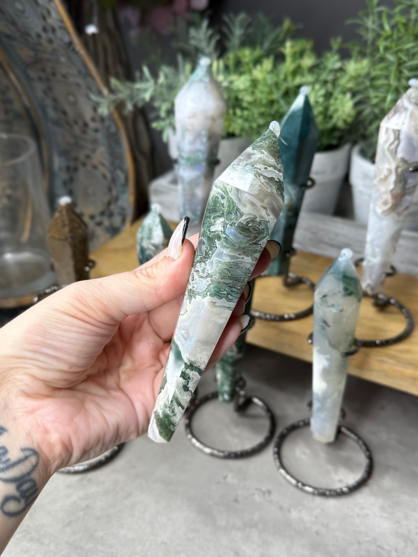 Moss Agate Wands on Stands