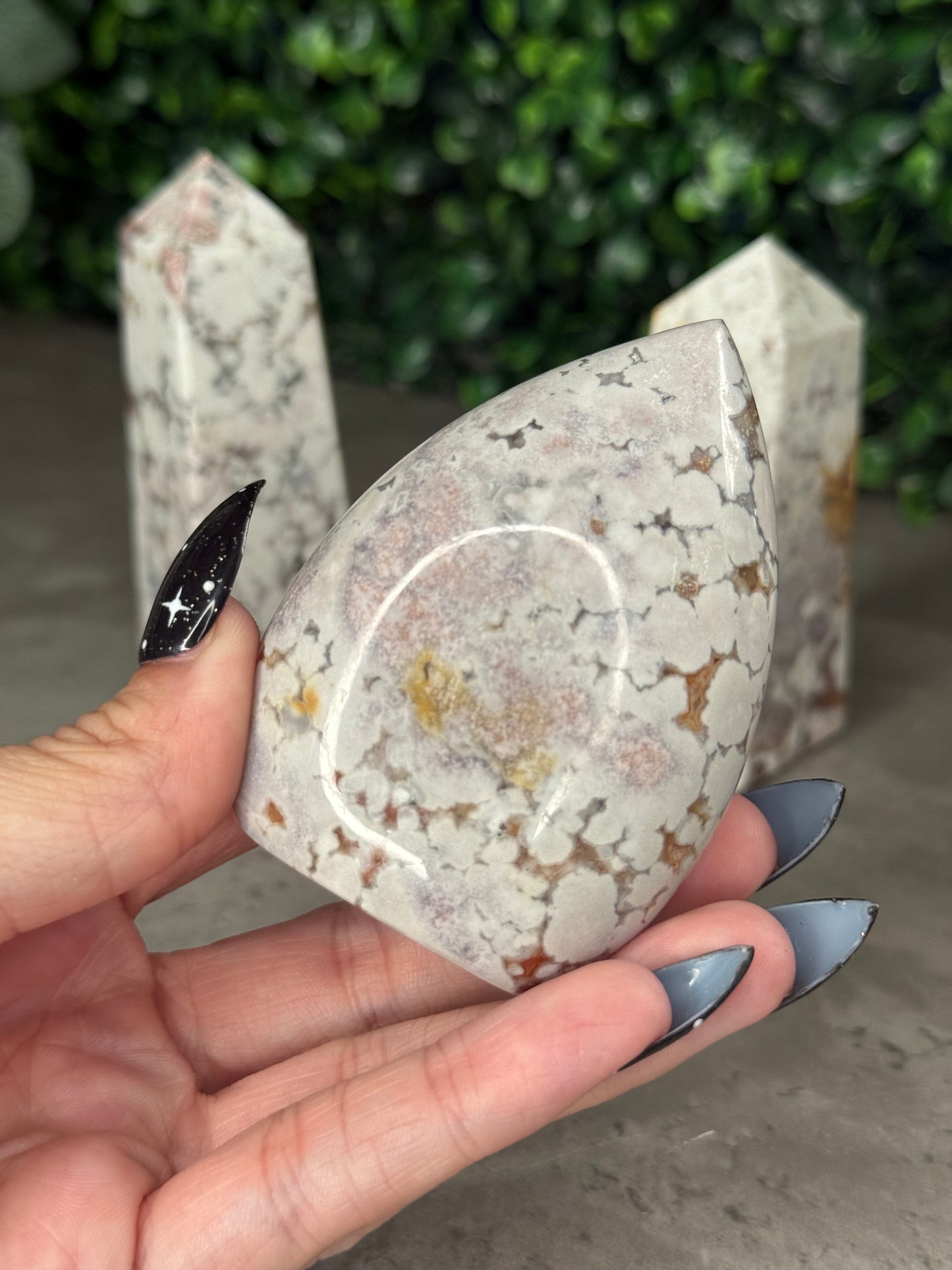 White and Pink Cobra Jasper Crystal Carvings Teardrop and Towers