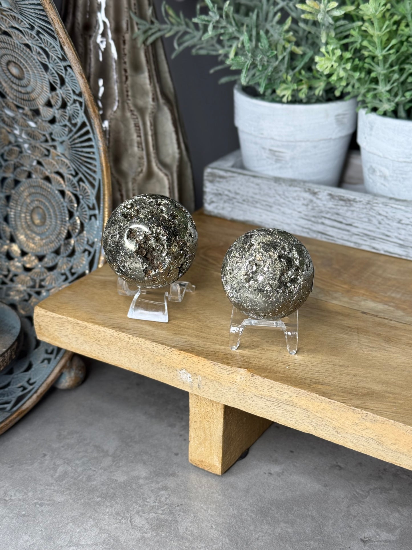 Druzy Pyrite Crystal Spheres with Stands