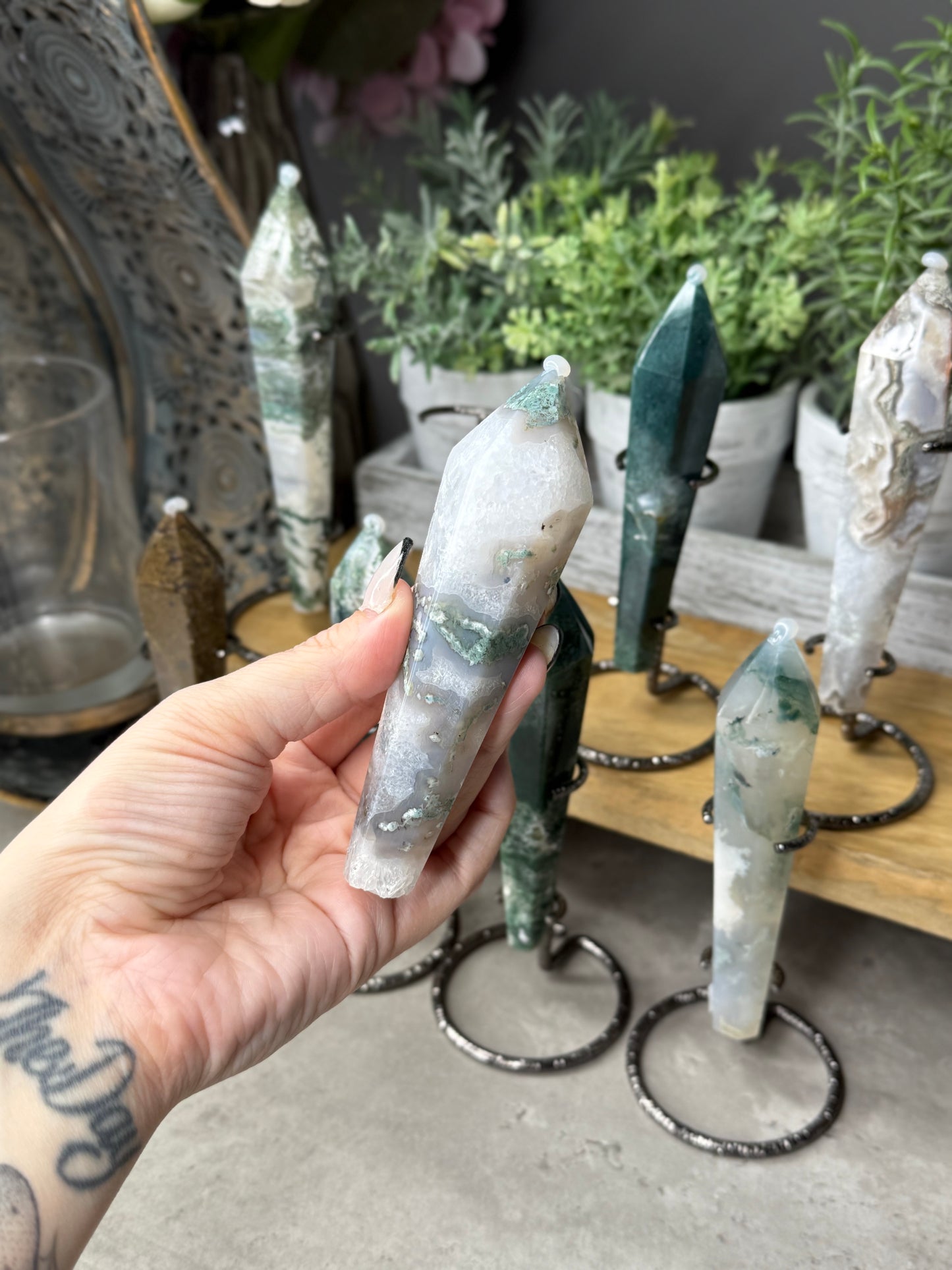 Moss Agate Wands on Stands