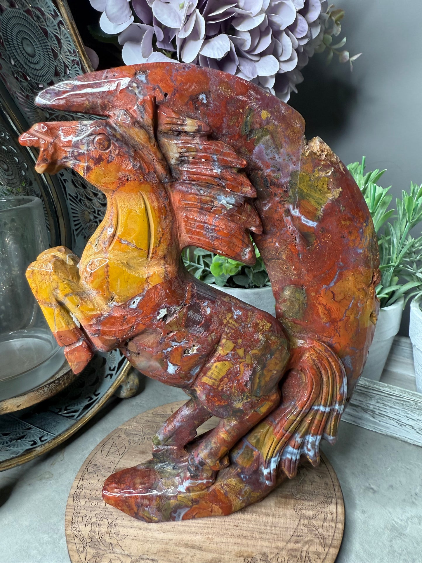 Ocean Jasper Rearing Horse & Moon Carving