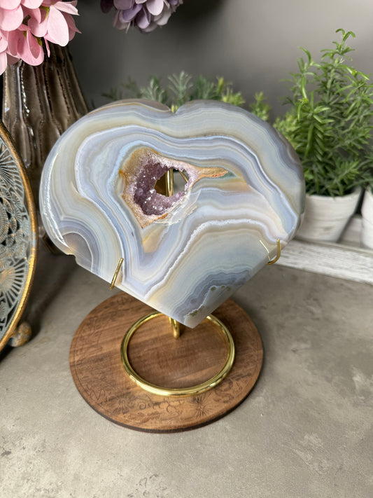 Large Banded Crystal Agate Heart with Druzy Amethyst Pocket