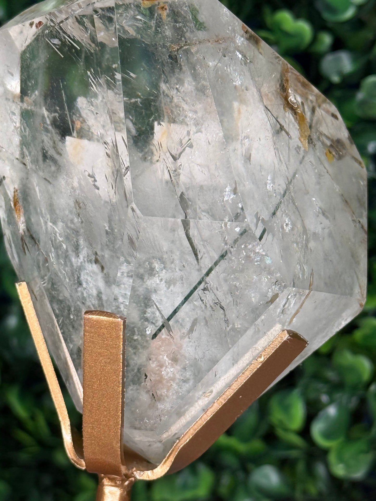 Green Actinolite Rutile in Quartz with Custom Gold Stand - Brazil