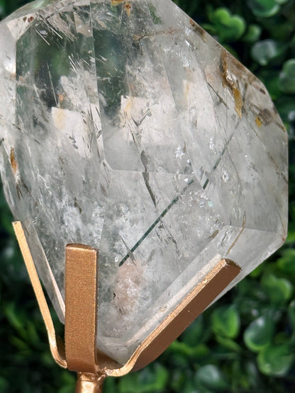 Green Actinolite Rutile in Quartz with Custom Gold Stand - Brazil