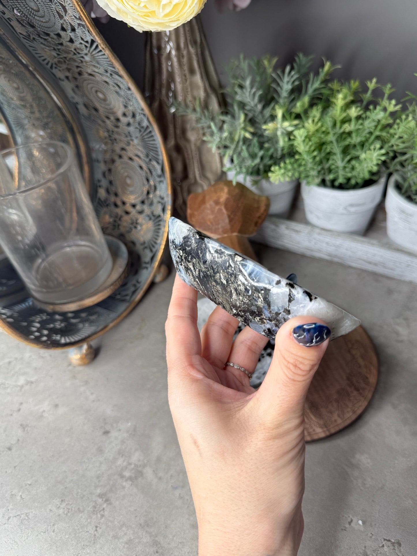 Rainbow Moonstone Crystal Bowl with Pyrite Inclusions