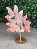 Pink Agate Nine-Tailed Fox Carving with Gold Stand