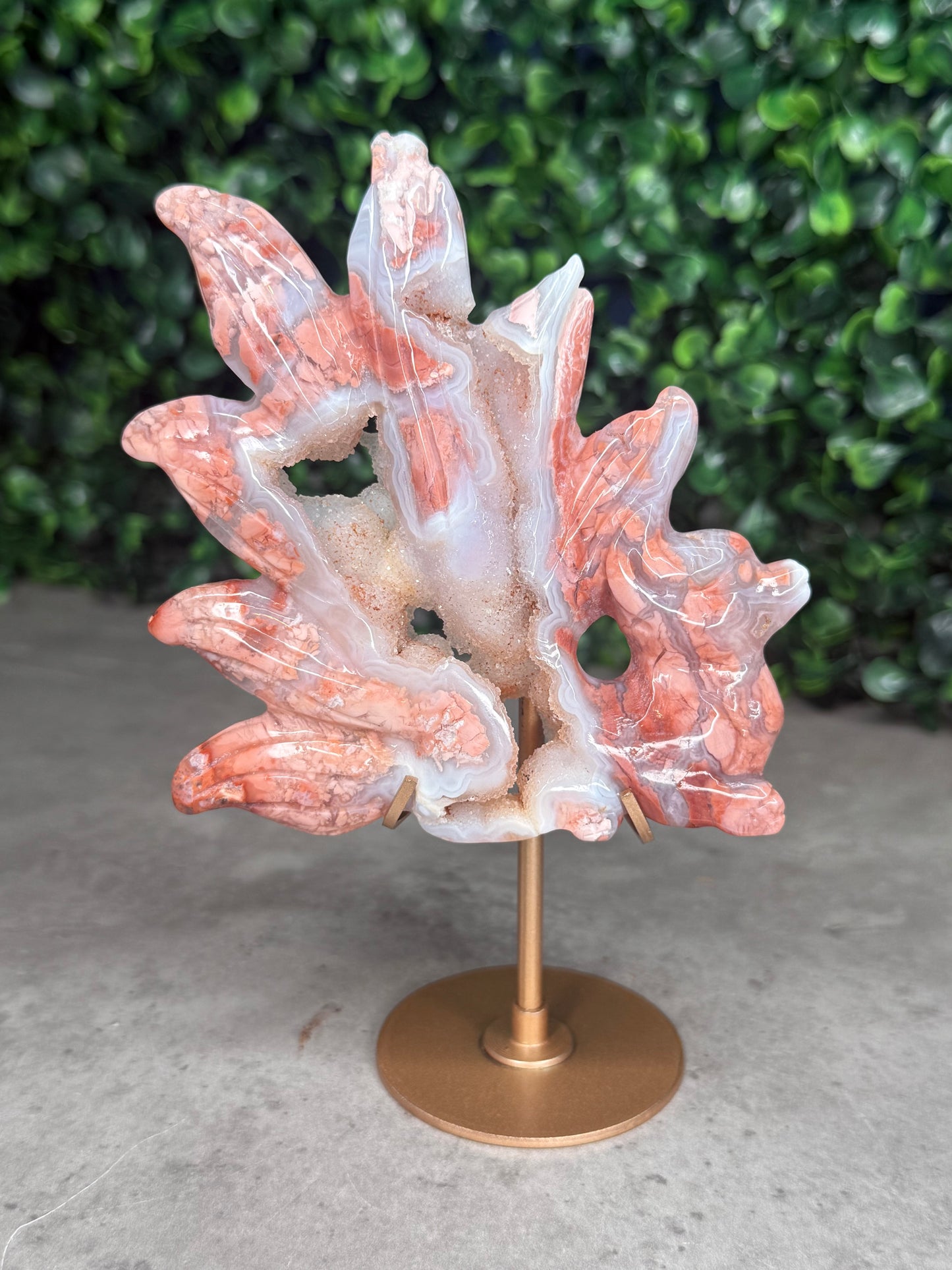 Pink Agate Nine-Tailed Fox Carving with Gold Stand