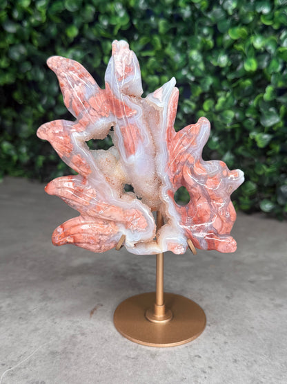 Pink Agate Nine-Tailed Fox Carving with Gold Stand