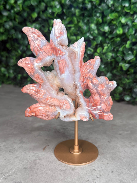 Pink Agate Nine-Tailed Fox Carving with Gold Stand