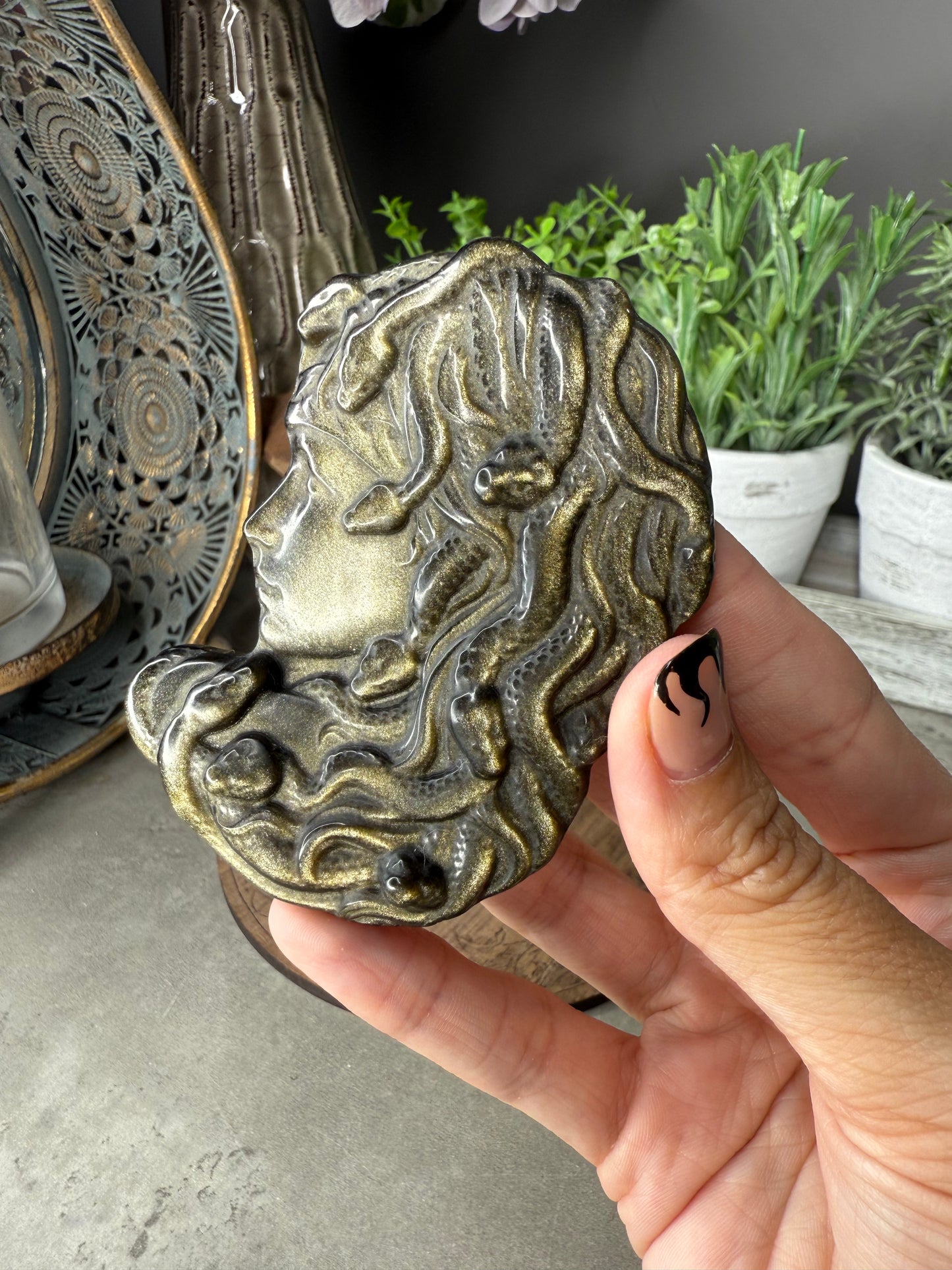 Gold Sheen Obsidian Medusa Crystal Carving - 31g