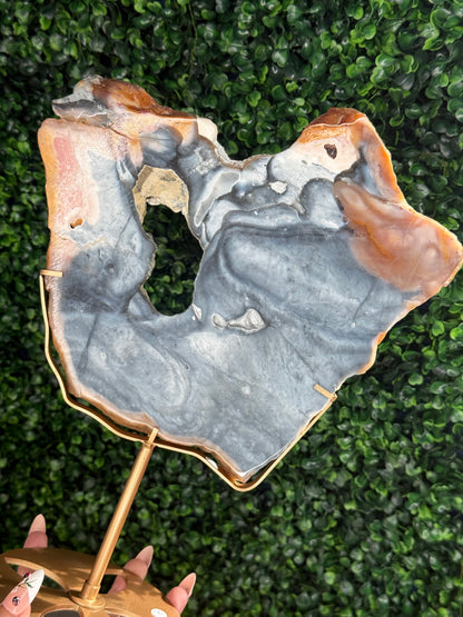 XL Pink & Blue Petrified Wood Slab With Custom Stand