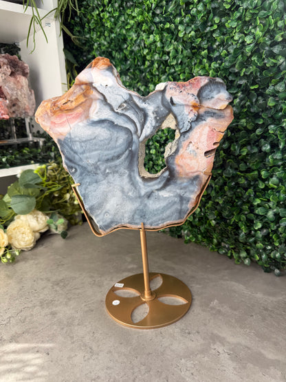 XL Pink & Blue Petrified Wood Slab With Custom Stand
