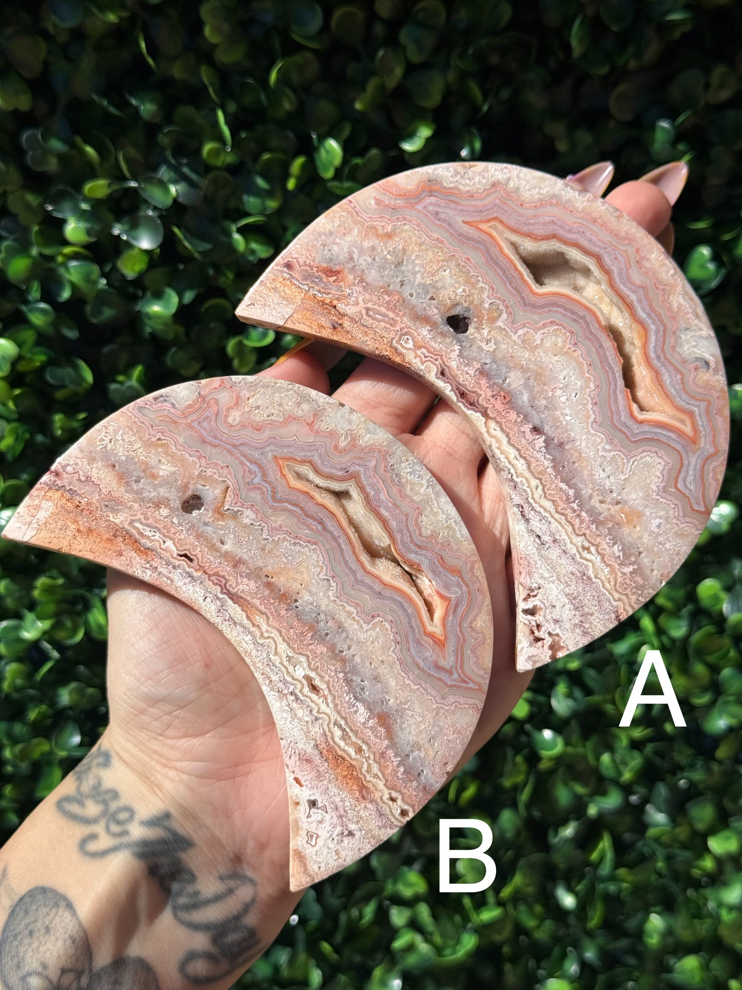 Pink Crazy Lace Agate Moon Crystal Carvings - Indonesia