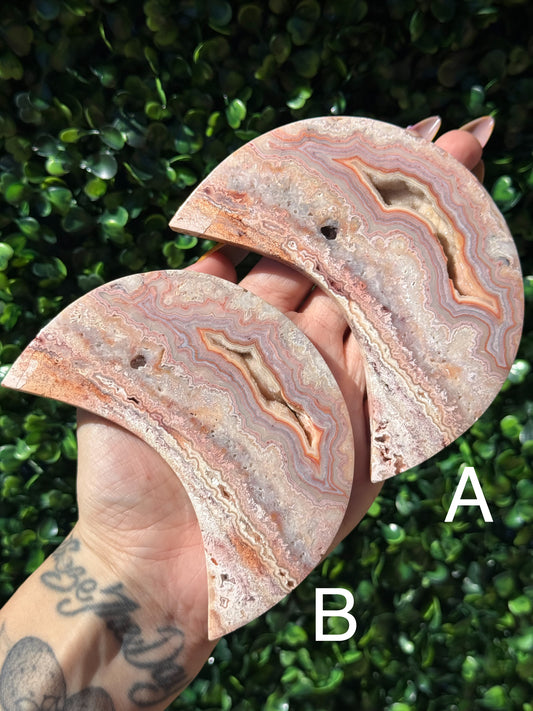 Pink Crazy Lace Agate Moon Crystal Carvings - Indonesia