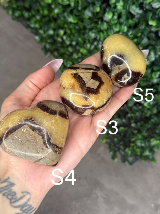 Septarian Dragon Stone Crystal Carving heart and Palmstones