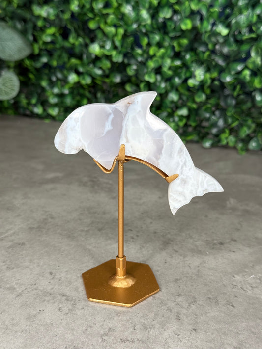 White Plume Agate Dolphin Crystal Carving on Gold Stand