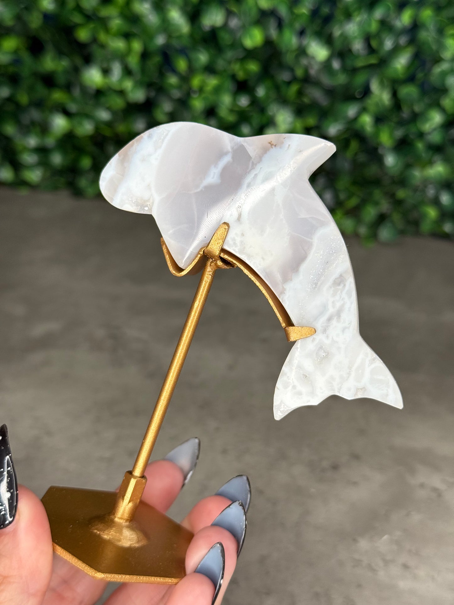 White Plume Agate Dolphin Crystal Carving on Gold Stand