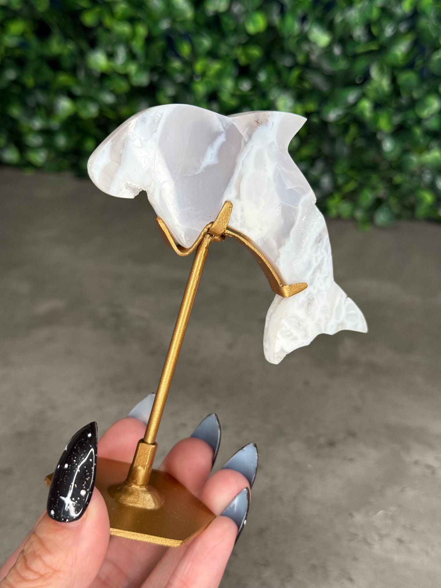 White Plume Agate Dolphin Crystal Carving on Gold Stand