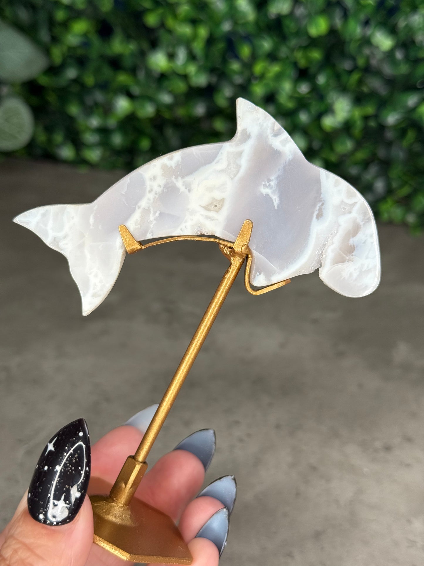 White Plume Agate Dolphin Crystal Carving on Gold Stand