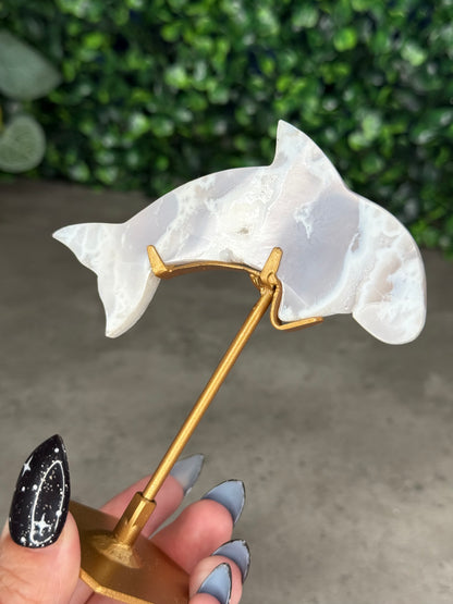 White Plume Agate Dolphin Crystal Carving on Gold Stand