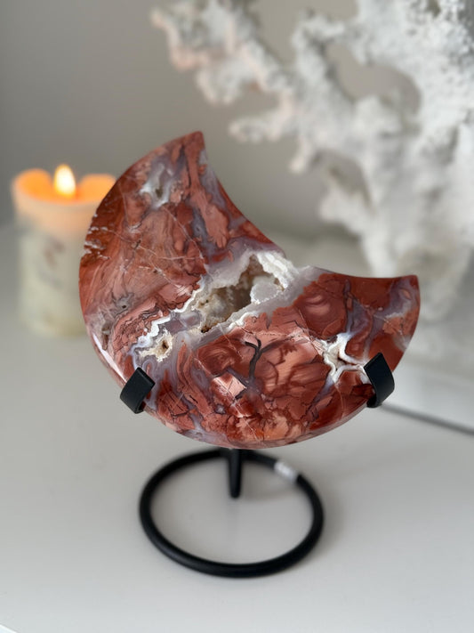 Pink Agate Cotton Candy Agate Moon with Druzy on a Stand - Mineral Specimen Crystal Gift
