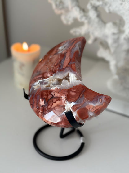 Pink Agate Cotton Candy Agate Moon with Druzy on a Stand - Mineral Specimen Crystal Gift