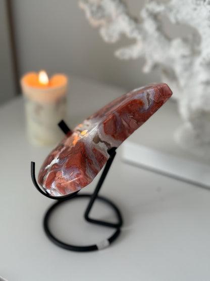 Pink Agate Cotton Candy Agate Moon with Druzy on a Stand - Mineral Specimen Crystal Gift