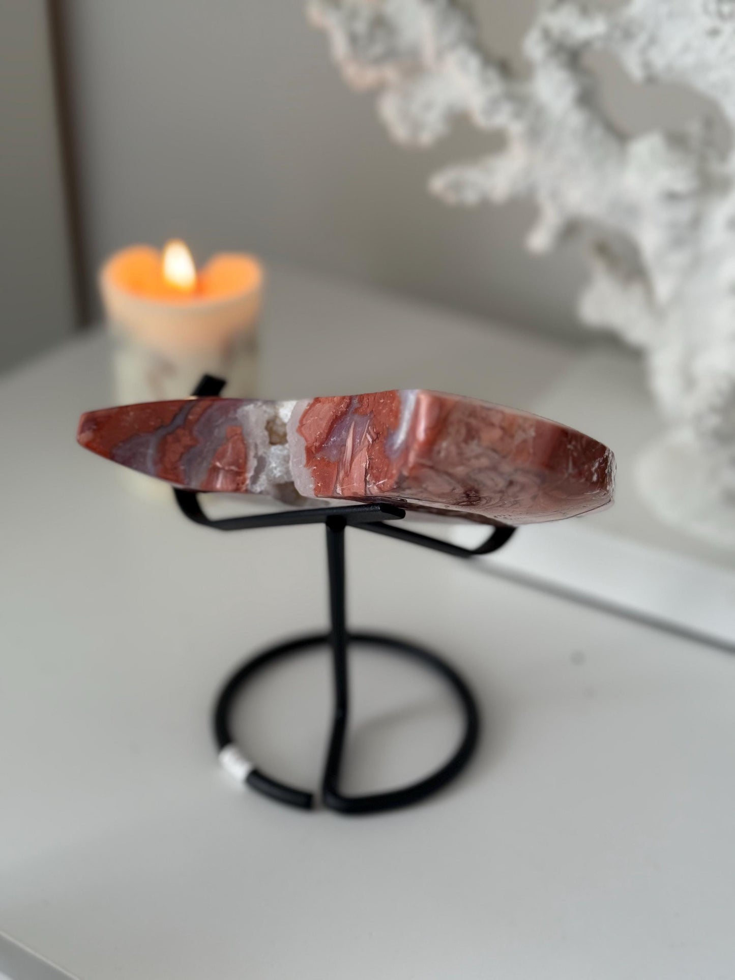 Pink Agate Cotton Candy Agate Moon with Druzy on a Stand - Mineral Specimen Crystal Gift