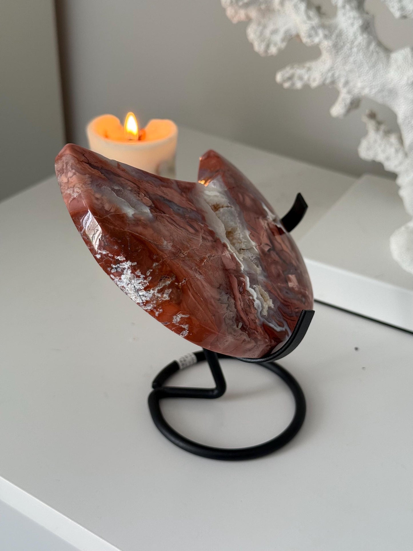 Pink Agate Cotton Candy Agate Moon with Druzy on a Stand - Mineral Specimen Crystal Gift